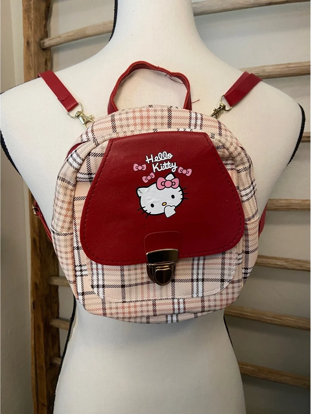 Hello Kitty Mini Backpack Plaid Red Faux Leather Accent Y2k